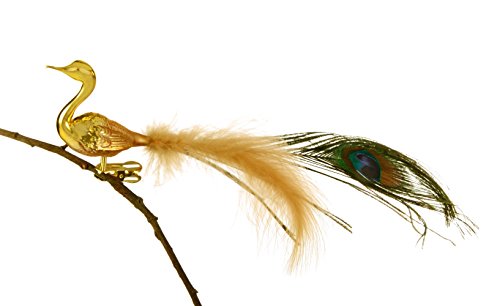 Thüringer Weihnacht Birds of Glass® Glas-Vogel Pfau Gold mit Pfauenfeder & Flaumfeder von Glas-Bartholmes