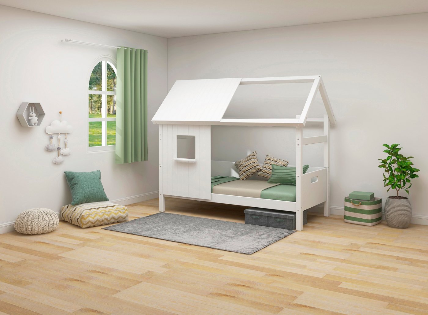 Thuka Hausbett Thuka Nordic, Kinderbett im Skandinavisches Design, incl Rollrost, Fenster im Dach von Thuka