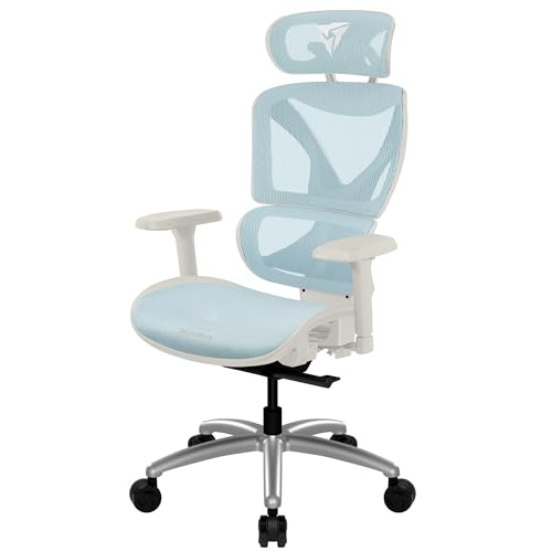 ThunderX3 XTC Ergonomischer Bürostuhl – Weiß/Blau, atmungsaktive Mesh-Rückenlehne, Synchronmechanik, Lendenstütze, verstellbar, bis 125 kg, für 160–190 cm Körpergröße von ThunderX3