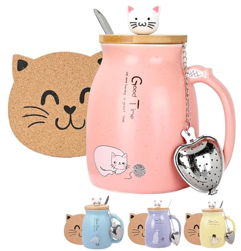 Thuro Katze Becher,Kaffeetasse mit deckel,Löffel,Teefilter und Untersetzer,Niedliche Morning Cup Kaffee-Milch Tee-Becher Weihnachten Geschenk für Katzenliebhaber Frauen Thuro Katze Becher,Kaffeetasse mit deckel,Löffel,Teefilter und Untersetzer,Niedliche Morning Cup Kaffee-Milch Tee-Becher Weihnachten Geschenk für Katzenliebhaber Frauen von Thuro