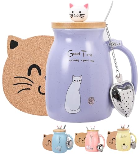 Thuro Katze Becher,Kaffeetasse mit deckel,Löffel,Teefilter und Untersetzer,Niedliche Morning Cup Kaffee-Milch Tee-Becher Weihnachten Geschenk für Katzenliebhaber Frauen von Thuro