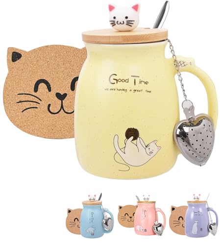 Thuro Katze Becher,Kaffeetasse mit deckel,Löffel,Teefilter und Untersetzer,Niedliche Morning Cup Kaffee-Milch Tee-Becher Weihnachten Geschenk für Katzenliebhaber Frauen Thuro Katze Becher,Kaffeetasse mit deckel,Löffel,Teefilter und Untersetzer,Niedliche Morning Cup Kaffee-Milch Tee-Becher Weihnachten Geschenk für Katzenliebhaber Frauen von Thuro