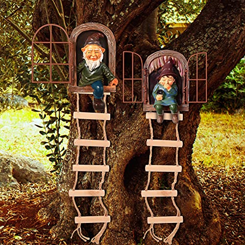 Thyle 4 Stück Gartenzwerge Outdoor Baum Hugger Zwerg Fee Statue Elfe Out The Door Harz Figur Hängende Leiter Dekoration Baum Gesichter Dekor Outdoor für Terrasse Hof Rasen von Thyle