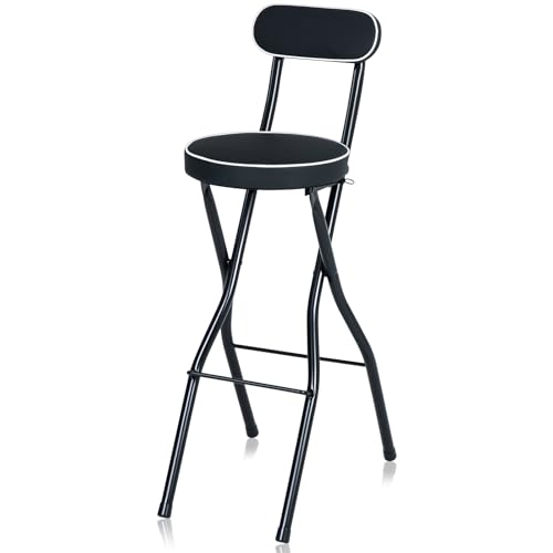 Thyle Klapphocker, Thekenhöhe, faltbarer Hocker mit gepolstertem, gepolstertem Barhocker, zusammenklappbarer Hocker mit Rückenlehne, tragbarer Klappstuhl für Erwachsene, Küche, Garten (Schwarz, 74 cm) von Thyle