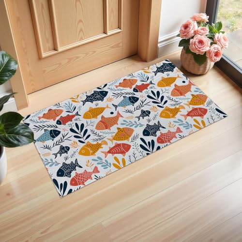 Ti Caldi Fußmatte mit bunten Fischen, 75 x 43 cm, Willkommens-Vliesstoff, verspielte Ozean-Fußmatten für Eingang, Küche, Schlafzimmer, rutschfeste Bodenmatte für Heimdekoration, Geschenke von Ti Caldi
