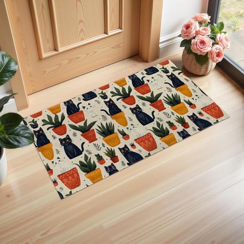 Ti Caldi Fußmatte mit charmanter Katze und Pflanze, für den Innenbereich, verspieltes Kätzchen, 75 x 43 cm, Willkommens-Fußmatten aus Vliesstoff für Eingang, Küche, Schlafzimmer, rutschfeste von Ti Caldi
