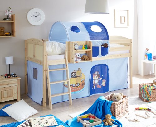 Hochbett Spielbett Eric Landhaus Kiefer massiv Natur, Vorhangstoff:Pirat Hellblau Dunkelblau von TiCAA