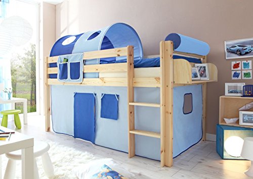 Hochbett Spielbett Malte Kiefer massiv Natur, Vorhangstoff:Hellblau Dunkelblau von TiCAA