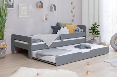 TiCAA Einzelbett Kinderbett Jugendbett, Bennet mit Zusatzbett Rausfallschutz & Lattenrost für Schlafzimmer, Kinderzimmer Kiefer Massivholz Bettgestell 120 x 200 cm von TiCAA