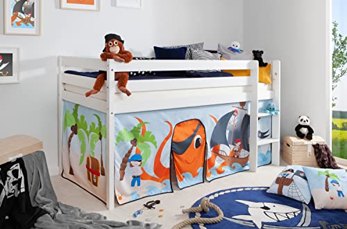 TiCAA Hochbett, Kinderbett Spielbett mit Treppe aus Kiefer Massivholz Bettgestell 90 x 200 von TiCAA