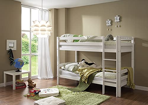 TiCAA Etagenbett, Kinderbett, Stockbett Funktionsbett für Kinder mit Treppe & Zwei Liegeflächen teilbar aus Buche Massivholz weiß Bettgestell 90 x 200 von TiCAA