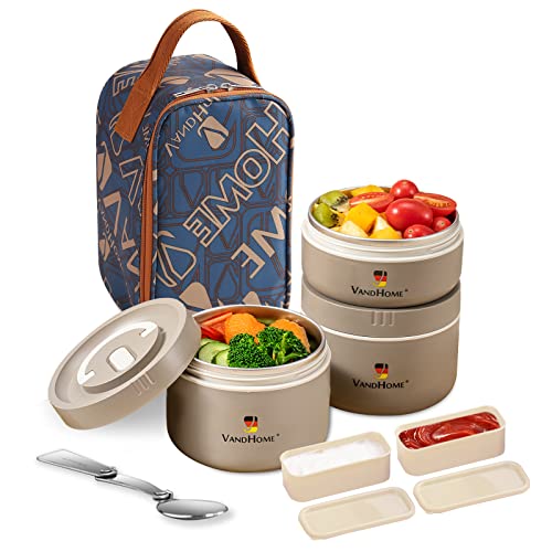 TiLeMiun Tragbare isolierte Lunchbox, Thermo-Lunch-Behälter für heiße Speisen, 18/8 Edelstahl-Lebensmittelbehälter, auslaufsicher, stapelbar, Bento-Box mit Tasche und Saucenbox, 3 Stück, 1.7 l) von TiLeMiun