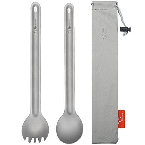 TiTo Titanium Camping Besteck Spork/Löffel,Outdoor Spork mit Langen Griff Tragbare Ultraleichtes Wiederverwendbare für Picknick mit Aufbewahrungstasche Rucksackreisen(2pcs Spork Spoon) von TiTo Titanium