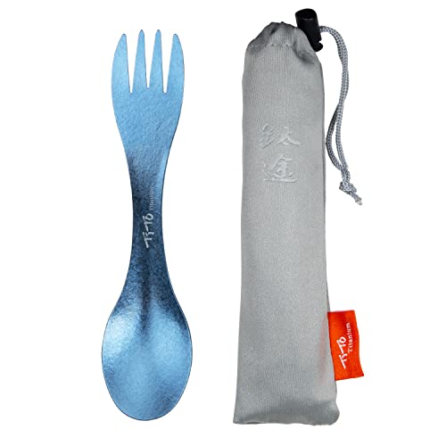 TiTo Titanium Outdoor 2-in-1 Titan Löffel/Spork mit Griff,Multifunktional Tragbare Ultraleichtem Besteck Camping Rucksackreisen mit Aufbewahrungstasche für Trekking (Blau) von TiTo Titanium