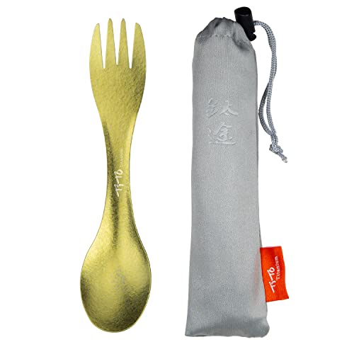 TiTo Titanium Outdoor 2-in-1 Titan Löffel/Spork mit Griff,Multifunktional Tragbare Ultraleichtem Besteck Camping Rucksackreisen mit Aufbewahrungstasche für Trekking (Gold) von TiTo Titanium