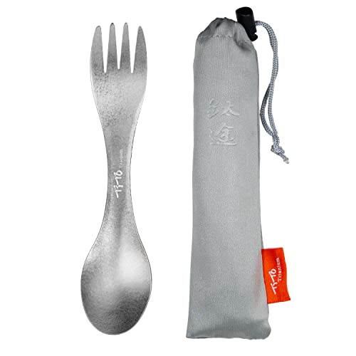TiTo Titanium Outdoor 2-in-1 Titan Löffel/Spork mit Griff,Multifunktional Tragbare Ultraleichtem Besteck Camping Rucksackreisen mit Aufbewahrungstasche für Trekking (Titan) von TiTo Titanium