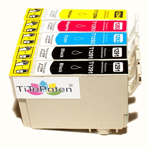 TiToPaten* 5X Epson Workforce WF 3520 DWF kompatible XL Druckerpatrone ersetzt Typ T1291-1294 - 2xSchwarz-1xCyan-1xMagenta-1xGelb - Patrone MIT CHIP !!! von TiToPaten