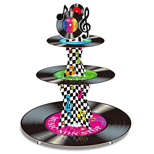 3 Etagen 1950er Jahre Rock and Roll Musik Party Dekorationen Schallplatten Cupcake Ständer Vinyl Schallplatten Cupcake Halter Musik Not Stop Dessertturm für 50er Jahre Retro Thema Musik Party Supplies von Tiamon
