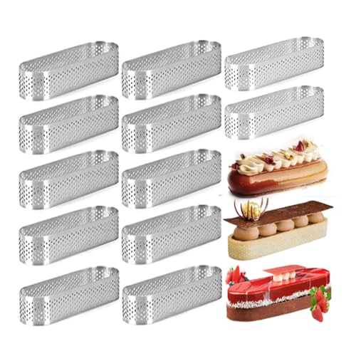 Tiamu 12 Pcs Edelstahl Tortenringe Tartelette Förmchen mit Löchern, Ovale Dessertringe Kuchenform, Backring Crumpets Ringe für Ofen, Backrahmen Rund für DIY Mousse, Obstkuchen, Quiches(9.4*2.8*2cm) von Tiamu