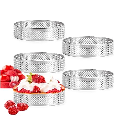 Tiamu 5Pcs Perforierte Tortenring Rund zum Backen, Kuchenform Mousse Ring, Quiche Kreis Ringe, Französische Dessert Backringe, Donuts Kekse Förmchen, Obst-Tarte-Kruste Ring von DIY Backen, 8cm von Tiamu