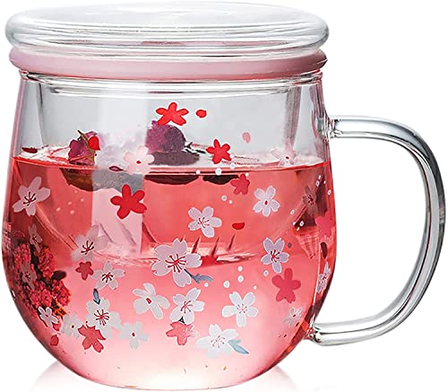 Tiamu Sakura Teeglas mit Infusor und Deckel, Schöne Kaffeetasse hitzebeständig, Blumen Kaffee Becher für Frauen, Weihnachten Geburtstag Geschenk Teebereiter für Frauen Beste Freundin, 300 Ml von Tiamu