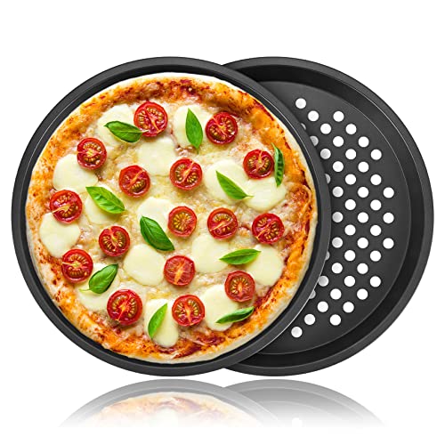 Tiamu 2 Pack Pizzablech Rund Pizzaform Backblech im Ofen, Pizza & Flammkuchen, Gelocht Pizzapfanne 28cm, Pizza Backblech mit Antihaftbeschichtung, Carbonstahl, Knusperblech, Geschenk von Tiamu
