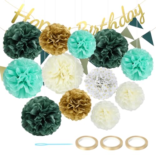 15 Stück Pompons Deko, 12 Papier Pompons mit Girlande Geburtstag und 2 Fahnengirlande, Papierblumen zum Aufhängen, Gartenparty Deko für Hochzeit, Babyparty, Abschlussball, Geburtstag von TianFukj