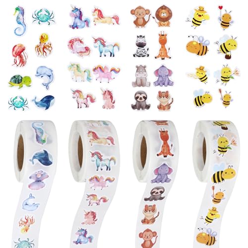 2000 Stück Sticker Kinder, Motivationsaufkleber in 32 Stilen, Runde Tier Aufkleber Kinder, Aufkleber Tiere, Cartoon Sticker Rolle für Skateboard Gepäck Scrapbook Laptop Trinkflasche von TianFukj