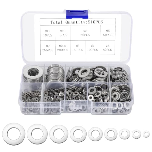 910 Stück Unterlegscheiben Set, 9 Größen Edelstahl Karosseriescheiben, Flach Unterlegscheiben M2 M2,5 M3 M4 M5 M6 M8 M10 M12, Beilagscheiben Sortiment für Schrauben und Muttern 910 Stück Unterlegscheiben Set, 9 Größen Edelstahl Karosseriescheiben, Flach Unterlegscheiben M2 M2,5 M3 M4 M5 M6 M8 M10 M12, Beilagscheiben Sortiment für Schrauben und Muttern von TianFukj
