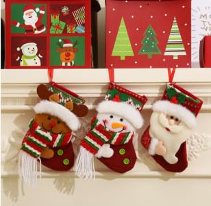 TianFukj 3 Stück Weihnachtsstrumpf, Nikolausstrumpf mit Cartoon-Weihnachtsmann, Elch, Schneemann, Weihnachtssocken zum Befüllen, Nikolausstiefel zum Befüllen für Kamin, Weihnachtsbaum, Wand, Treppe von TianFukj