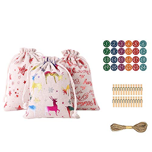 Adventskalender zum Befüllen Weihnachtskalender Stoffsäckchen zum Selberfüllen Candy Bag Gift Bundle 1-24 Leinen Kalender Muster Adventsbeutel Baumwolle Weihnachten Home Decor (Multicolor, One Size) von TianWlio