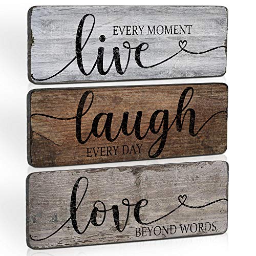 Inspirierte Heimdekor-Schilder Live Laugh Love Zitate, rustikales Holzschild zum Aufhängen für Wohnzimmer, Schlafzimmer, Badezimmer, Haustür, Flur, Büro, Wanddekoration, 3er-Pack von Tiancentral