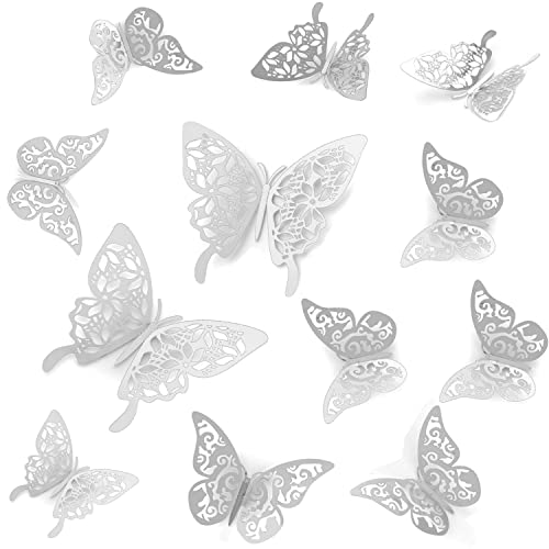 Tianorcan 24 Stück 3D Schmetterlinge Deko, Schmetterlinge Aufkleber, Schmetterlinge Dekoration Wandtattoo Abnehmbare Wandaufkleber Heimdeko Wand Deko (Silver) von Tianorcan