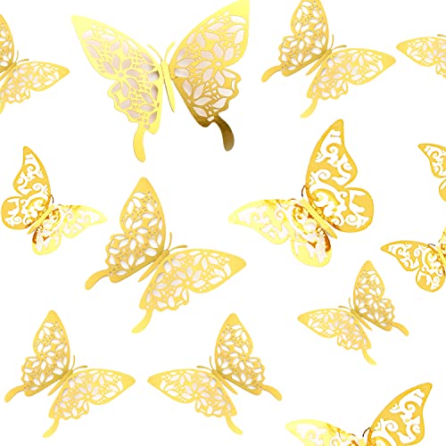 Tianorcan 24 Stück 3D Schmetterlinge Deko, Schmetterlinge Aufkleber, Schmetterlinge Dekoration Wandtattoo Abnehmbare Wandaufkleber Heimdeko Wand Deko (Gold) von Tianorcan