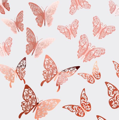 Tianorcan 3D Schmetterlinge Deko, Schmetterlinge Aufkleber, Schmetterlinge Dekoration Wandtattoo Abnehmbare Wandaufkleber Heimdeko Wand Deko (Rosé gold, 48) von Tianorcan