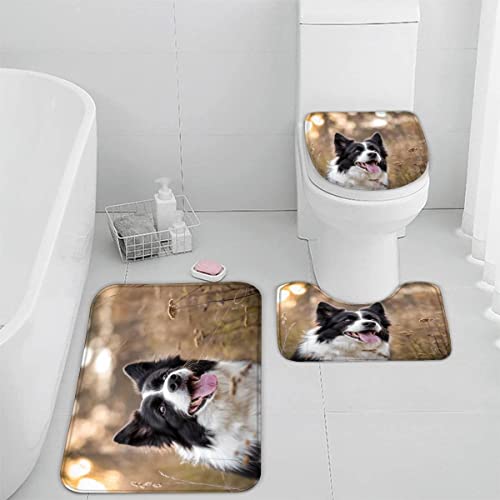 Badematten Set 3 teilig 50x80 Border Collie 3D Badezimmerteppich Set WC Vorleger Set rutschfeste Badematte Maschinenwaschbar Badteppich Set für Badezimmer badvorleger Haustiere Tiere von TiaoTian