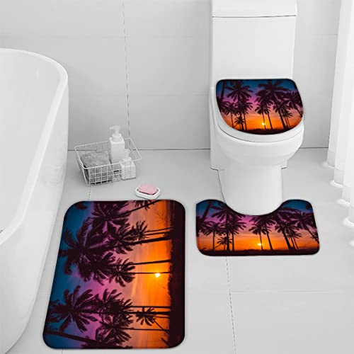Badematten Set 3 teilig 50x80 Strand Ozean 3D Badezimmerteppich Set WC Vorleger Set rutschfeste Badematte Maschinenwaschbar Badteppich Set für Badezimmer Flanell badvorleger Palmen Sonnenuntergang von TiaoTian