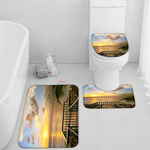 Badematten Set 3 teilig 50x80 Strand Ozean 3D Badezimmerteppich Set WC Vorleger Set rutschfeste Badematte Maschinenwaschbar Badteppich Set für Badezimmer Flanell badvorleger Palmen Sonnenuntergang von TiaoTian