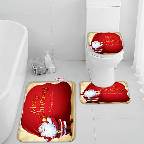 Badematten Set 3 teilig 50x80 Weihnachten Badezimmerteppich Set 3D WC Vorleger Set rutschfeste Badematte Maschinenwaschbar Weihnachtsmann Cartoon Süß Badteppich Set für Badezimmer badvorleger von TiaoTian