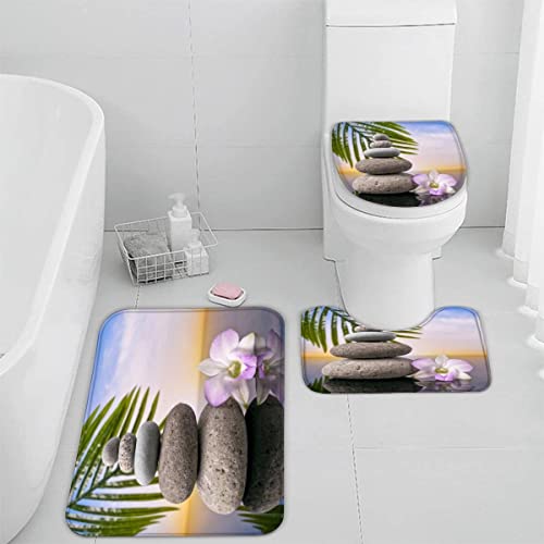 Badematten Set 3 teilig 50x80 Zen 3D Badezimmerteppich Set WC Vorleger Set rutschfeste Badematte Maschinenwaschbar Badteppich Set für Badezimmer badvorleger Kiesel Blumen Palmen von TiaoTian