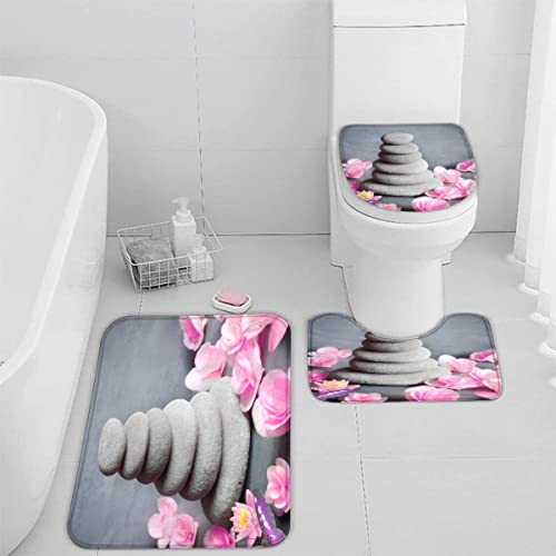 Badematten Set 3 teilig 50x80 Zen 3D Badezimmerteppich Set WC Vorleger Set rutschfeste Badematte Maschinenwaschbar Badteppich Set für Badezimmer badvorleger Kiesel Lilien Schmetterlinge von TiaoTian