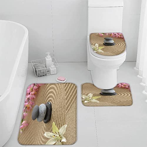 Badematten Set 3 teilig 50x80 Zen 3D Badezimmerteppich Set WC Vorleger Set rutschfeste Badematte Maschinenwaschbar Badteppich Set für Badezimmer badvorleger Kiesel Lilien von TiaoTian