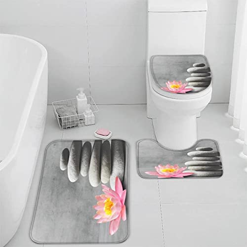 Badematten Set 3 teilig 50x80 Zen 3D Badezimmerteppich Set WC Vorleger Set rutschfeste Badematte Maschinenwaschbar Badteppich Set für Badezimmer badvorleger Kiesel Lotus von TiaoTian