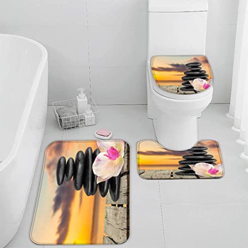 Badematten Set 3 teilig 50x80 Zen 3D Badezimmerteppich Set WC Vorleger Set rutschfeste Badematte Maschinenwaschbar Badteppich Set für Badezimmer badvorleger Kiesel Lotus von TiaoTian