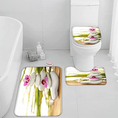 TiaoTian Badematten Set 3-teilig 50x80 Zen 3D Badezimmerteppich WC Vorleger Rutschfeste Badematte Maschinenwaschbar für Badezimmer Kiesel Orchideen von TiaoTian
