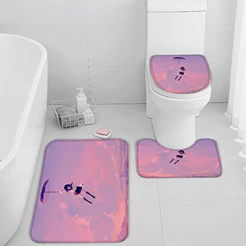 TiaoTian Badematten Set 3 teilig Anime 3D Badezimmerteppich Set WC Vorleger Set rutschfeste Badematte Maschinenwaschbar Badteppich Set für Badezimmer Flanell badvorleger Cartoon-Mädchen von TiaoTian