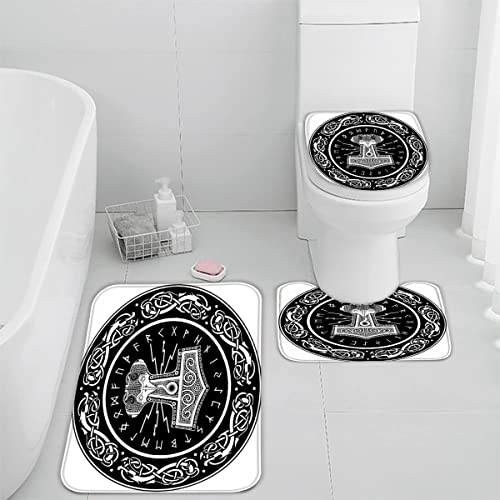 TiaoTian Badematten Set 3 teilig Wikinger Mythos 3D Badezimmerteppich Set WC Vorleger Set rutschfeste Badematte Maschinenwaschbar Badteppich Set für Badezimmer Flanell badvorleger Kompass Hammer von TiaoTian