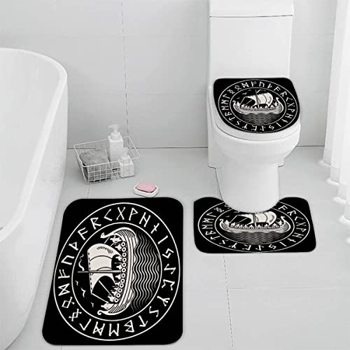 Badematten Set 3 teilig Wikinger Mythos 3D Badezimmerteppich Set WC Vorleger Set rutschfeste Badematte Maschinenwaschbar Badteppich Set für Badezimmer Flanell badvorleger Rune Kompass von TiaoTian