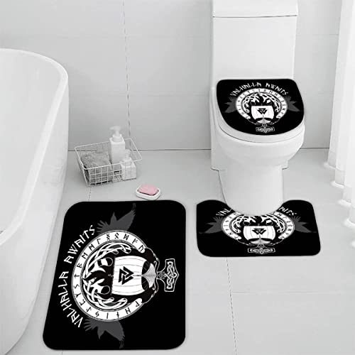 Badematten Set 3 teilig Wikinger Mythos 3D Badezimmerteppich Set WC Vorleger Set rutschfeste Badematte Maschinenwaschbar Badteppich Set für Badezimmer Flanell badvorleger Schlachtschiff Rune von TiaoTian