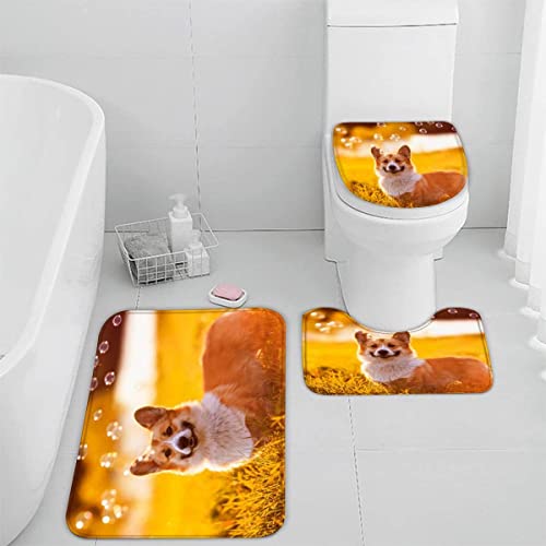 Badematten Set 3D 40x60 Korgi absorbierend 3-teiliges Badezimmerteppich-Set maschinenwaschbare weich badteppich schnell trocknend badvorleger mit wc deckelbezug Haustier Abend von TiaoTian